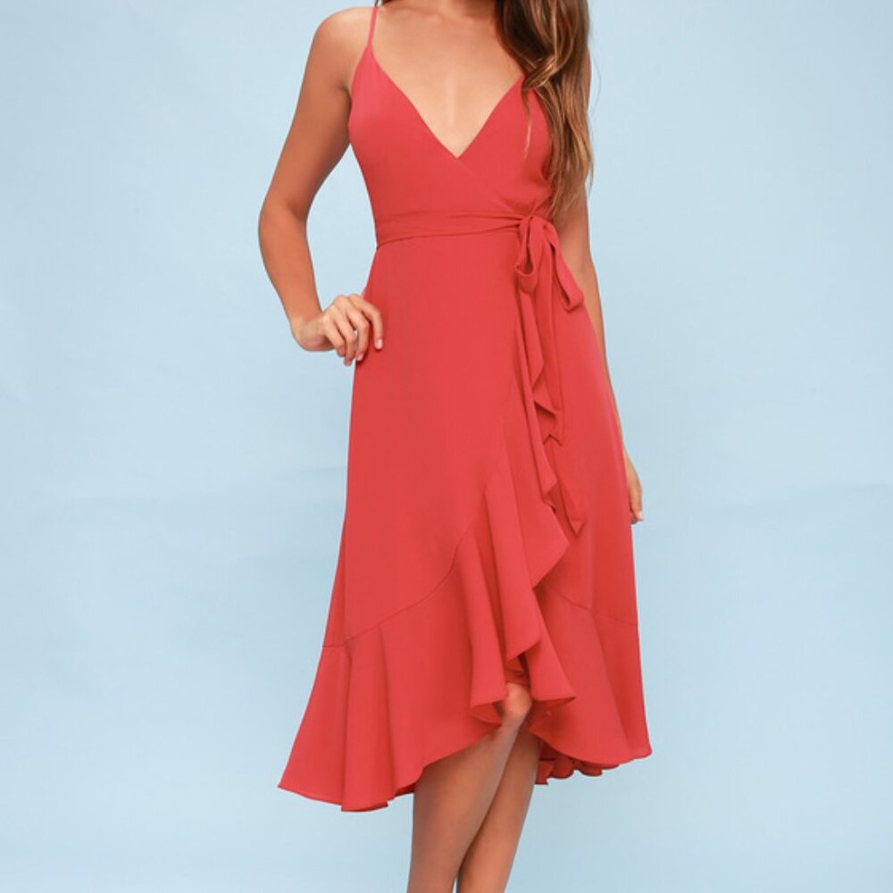 Lulus Manhattan Moment Berry Pink Ruffled Midi Wrap Dress Red - Size L